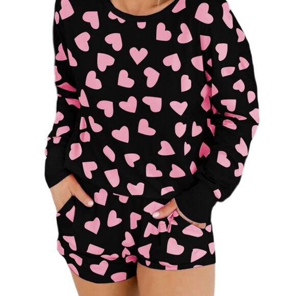 Black Valentine Heart Shape Print Long Sleeve Top Shorts Lounge Set - Picture 3 of 11
